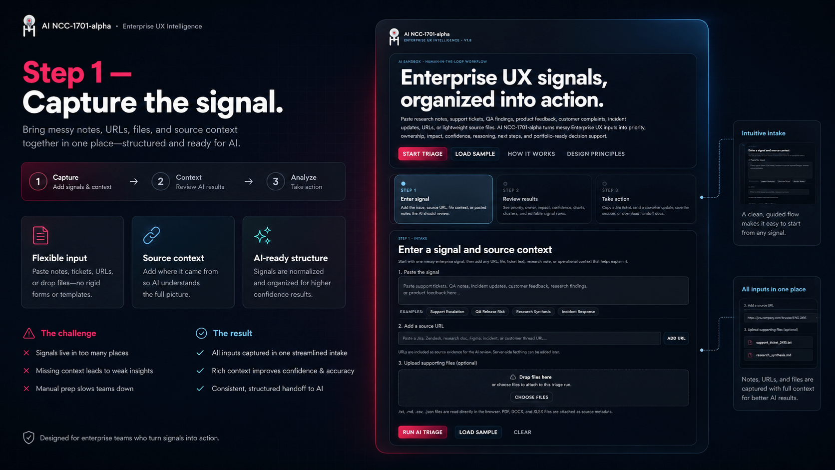 Signal clusters showing dashboard filters, workflow confirmation, analytics export, and product quality groupings