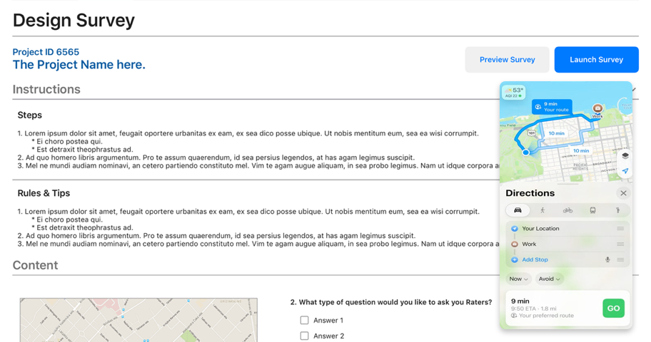 Apple Maps survey dashboard, project creation modal, and annotated upload screen
